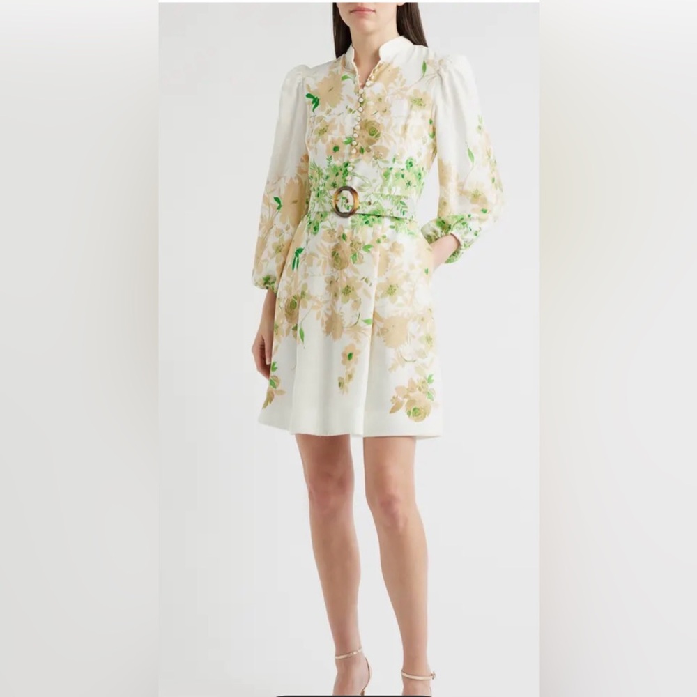 Tahari ASL White Floral Belted Mini Dress with Green Accents
